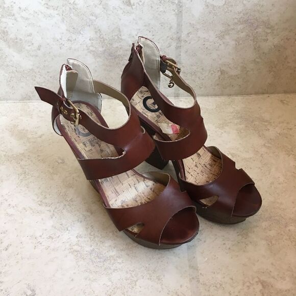 GUESS PLATFORM SANDALS IN BROWN LEATHER‎ - Picture 1 of 6
